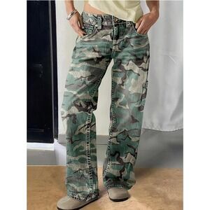 Flaminals Camo Cargo Pants Green Camouflage Straight Leg Utility Trousers Small